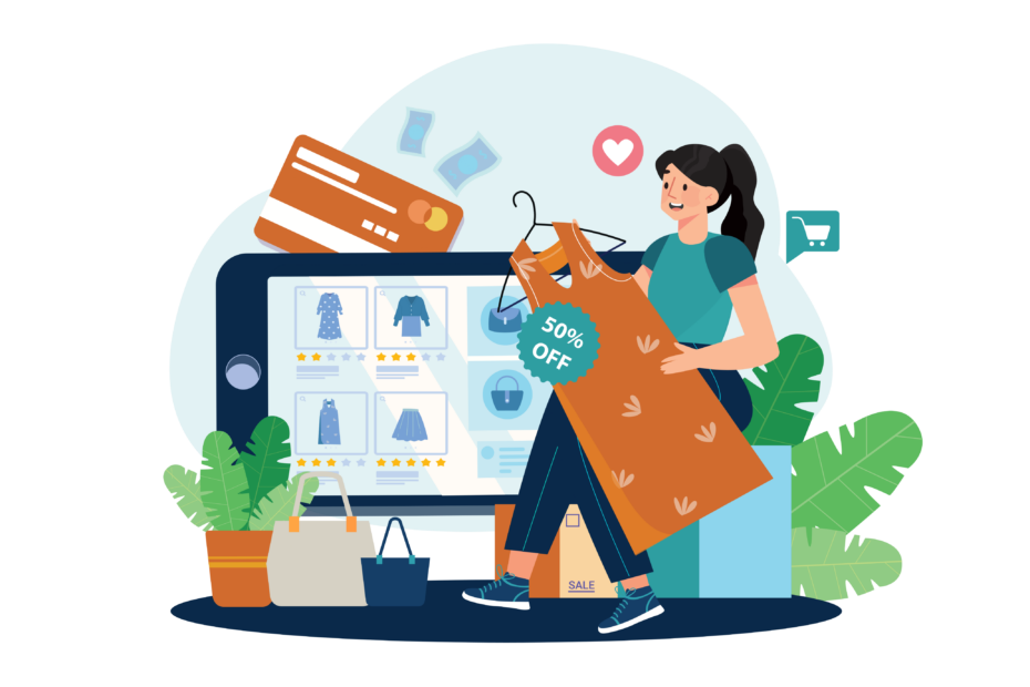 image showing a woman looking at online shopping promotions