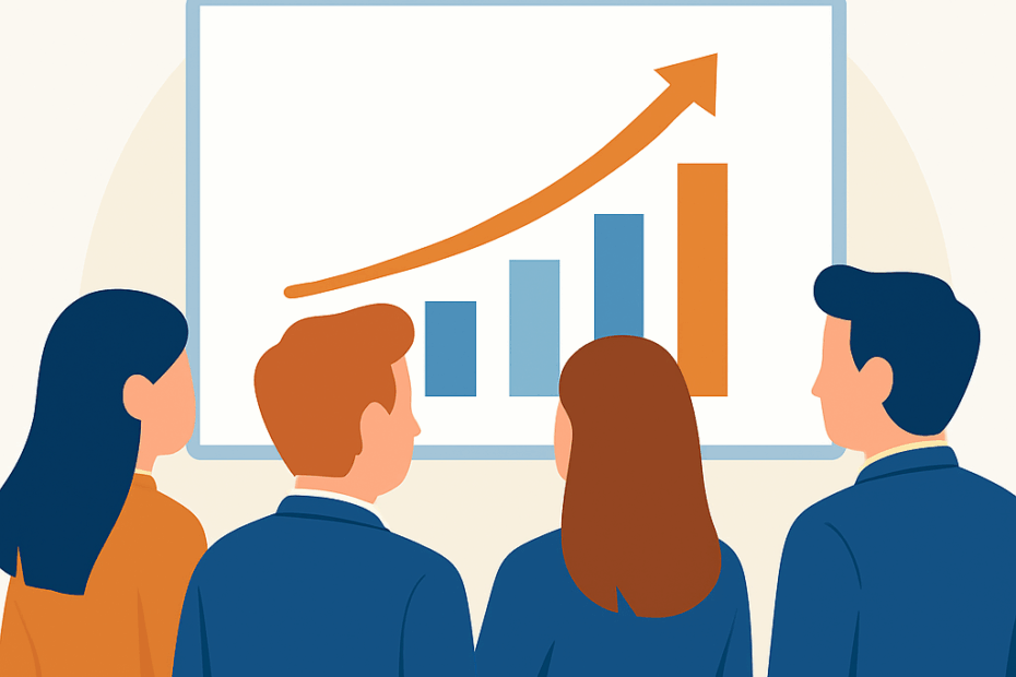 image showing a business meeting where the 4 employees are looking at a graph showing a upwards indicator in revenue