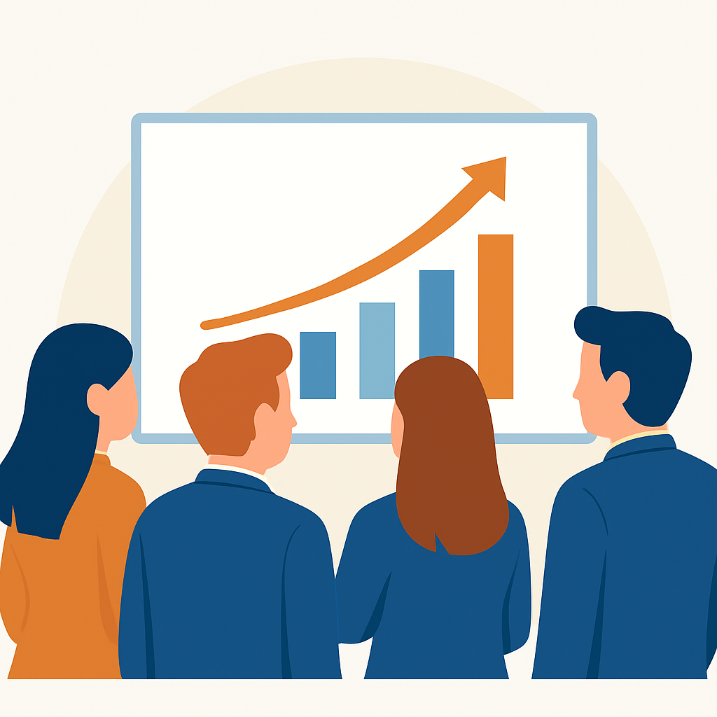 image showing a business meeting where the 4 employees are looking at a graph showing a upwards indicator in revenue